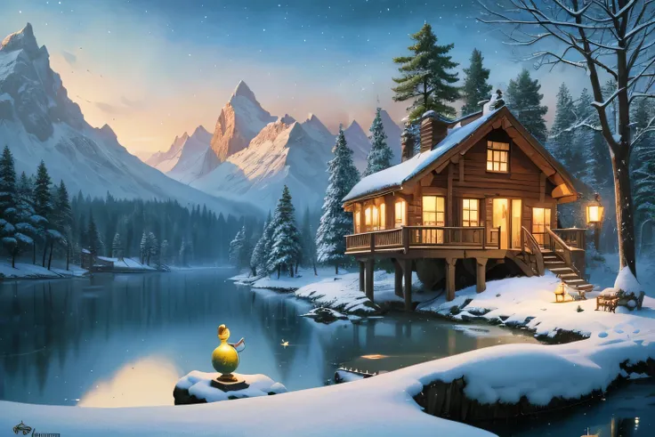  painting of a house and a snowman in a snowy landscape , inspired Jacek Jelka, Jacek Jelka,  Yacek Jelka and Vladimir Kush,  cozy and enchanting scene, very  surreal garden,  happy color .  Rob Gonçalves ,  Whimsical Art Melting in the Starry Sky ,  eccen...