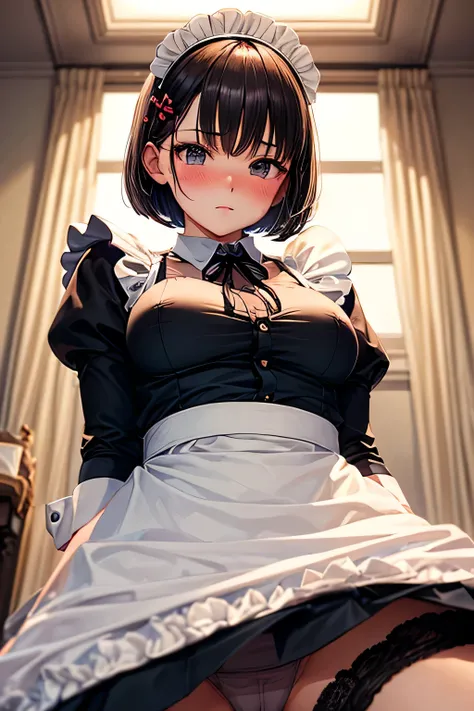 A sophisticated and intelligent young lady with sleek, dark ash bob hair and sharp,(((Maid's uniform))), indoor,(((photo taken from below))),(((mini skirt))),(panty shot),Upper body only,tits,(hair ornaments),(spreading legs),(((blush)))