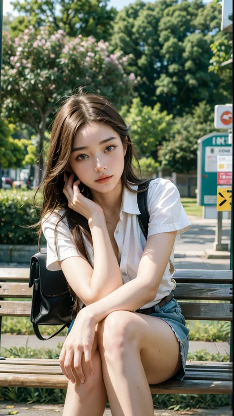 Ultra HD 4K, masterpiece,((Detailed Beautiful Skin , face focus:1.4)), mature,((Portrait of a bus stop sitting on a bench with cheeks and waiting for the bus))