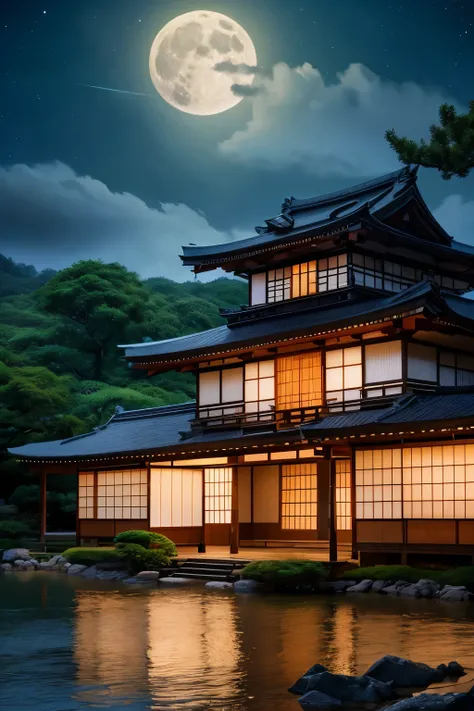  Painting「Matte painting inspired by the full moon and the Japanese house under the moonlight 」 Matte painting inspired by, Japanese art style, traditional Japanese art, Japanese art,  伝統的なJapanese painting, Japan at Night, old Japanese art, Japanese art a...