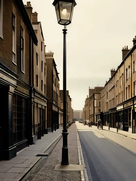 an old photo of a street with a building and a lamp post, a black and white photo by Charles Cundall, flickr, renaissance, 1 9 th century london, victorian london, nineteenth century london, quirky 1 9 th century, victorian england, victorian era, victoria...