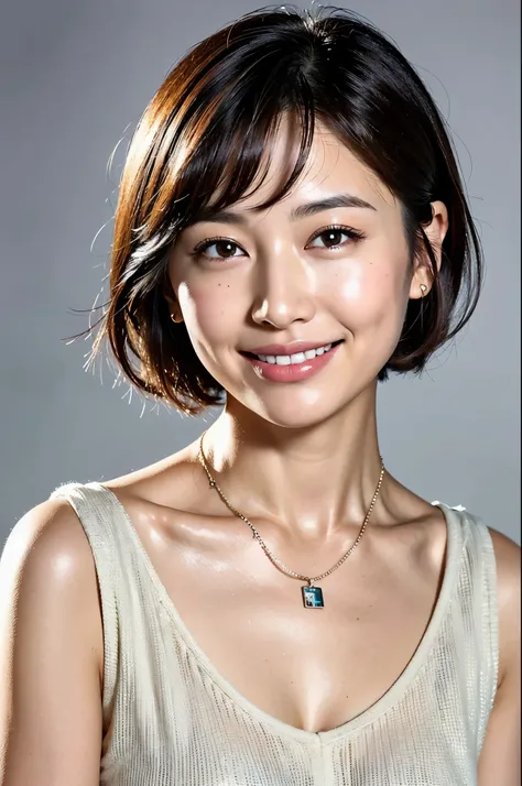 ( top quality, 8k, 32K,  Masterpiece,  Ultra High Resolution: 1.2),  cute Japanese woman pictures, 44 years old、Facial wrinkles、 Very Short Bob Hair ,  upper body,  necklace,   simple background,  looking around ,  smiles, plain clothes