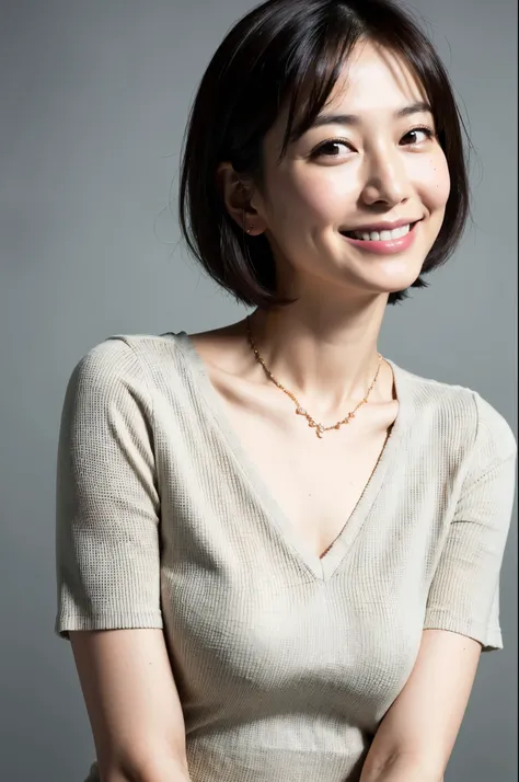 ( top quality, 8k, 32K,  Masterpiece,  Ultra High Resolution: 1.2),  cute Japanese woman pictures, 44 years old、Facial wrinkles、 Very Short Bob Hair ,  upper body,  necklace,   simple background,  looking around ,  smiles, plain clothes