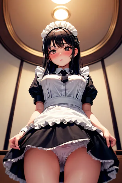 A graceful young lady with long, straight black hair and a calm, traditional aura,(((Maid's uniform))), indoor,(((photo taken from below))),(((mini skirt))),(panty shot),Upper body only,tits,(hair ornaments),(((blush)))