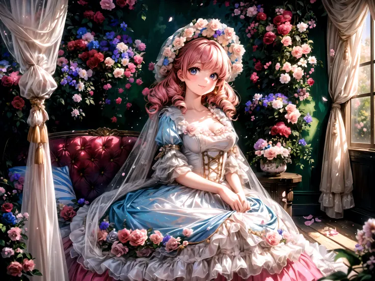 Lady, Curly Hair, Floral Crinoline Hoop Skirt, elegant red petticoat dress, big breasts, hyper detailed beautiful eyes, bonnet, Fluffy, pink hair, ((smile)), (( light particles)), Retro, forest, (((nature))), ( in the woods ), (((A small room surrounded ...