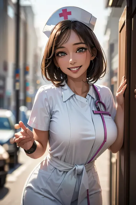 ((1girl, 40 years old)), ((random color nurse uniform and cap)), ((Big Breasts)), (sexy pose), (Erotic, sexual excitement), (Very dark brown and shiny skin), (waist), (Skin dents), (masterpiece, photo Realistic, Realistic, Top Quality,  super high definiti...