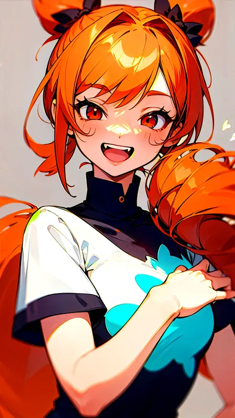  girl、solo、 ponytails in multiple、 orange hair、 red eyes、（ top quality、 Masterpiece、8k）、 white t-shirt、 laughs、楽しそうに laughs、 upper body closeup