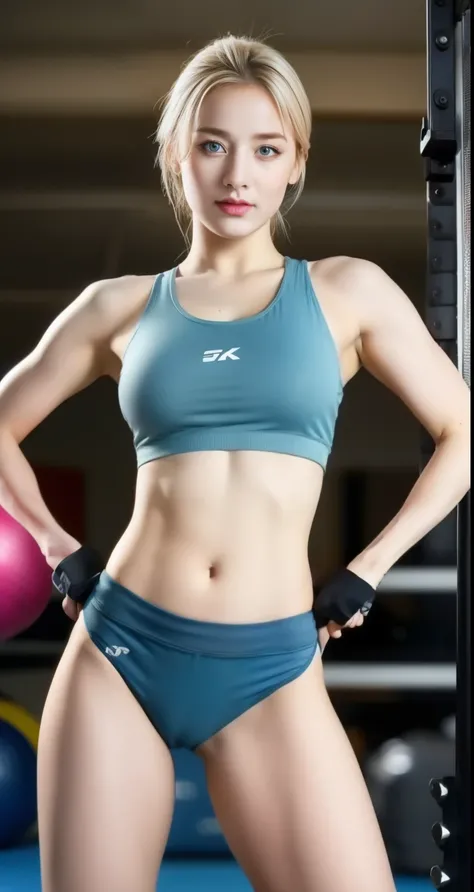 a beautiful blonde girl working out at the gym, wearing tight athletic clothes, sports bra, tight leggings, hair tied up, extremely large breasts, sexy thighs, concrete barbells in the background, (best quality, 4k, 8k, highres, masterpiece:1.2), ultra-det...