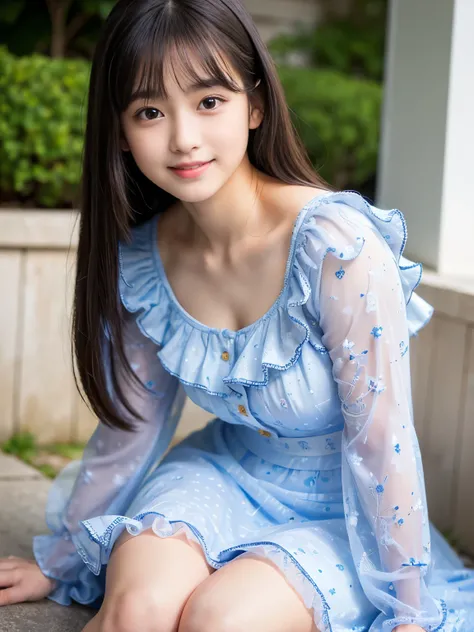 (Best quality, Masterpiece, Ultra High Resolution, (Photorealistic:1.4), Raw Photo, depth of field, professional lighting), (((cutest mood))), 1girl, 15-years-old, the most famous Japanese idol, looking at viewer, ((innocent smile)), ((wearing the most ado...