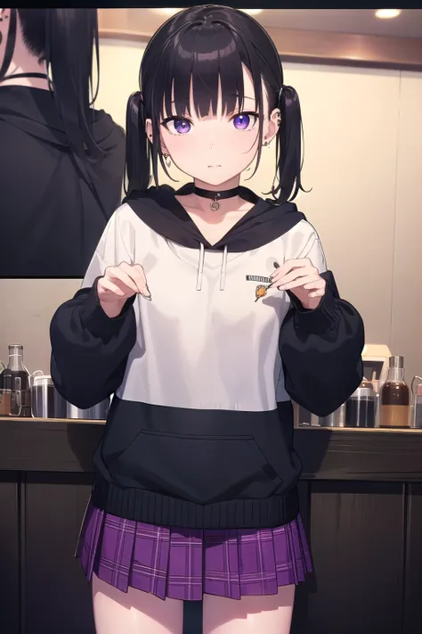 I have a large neon sign with noakashihara , Kashihara only, bangs,   black hair,  twin tails,   medium hair ,  piercing above spo, ear  piercing above spo, (  Purple Eyes:1.1),  earrings,
break skirt,  Long Sleeve,  choker, Food,  color,  sleeve that exce...