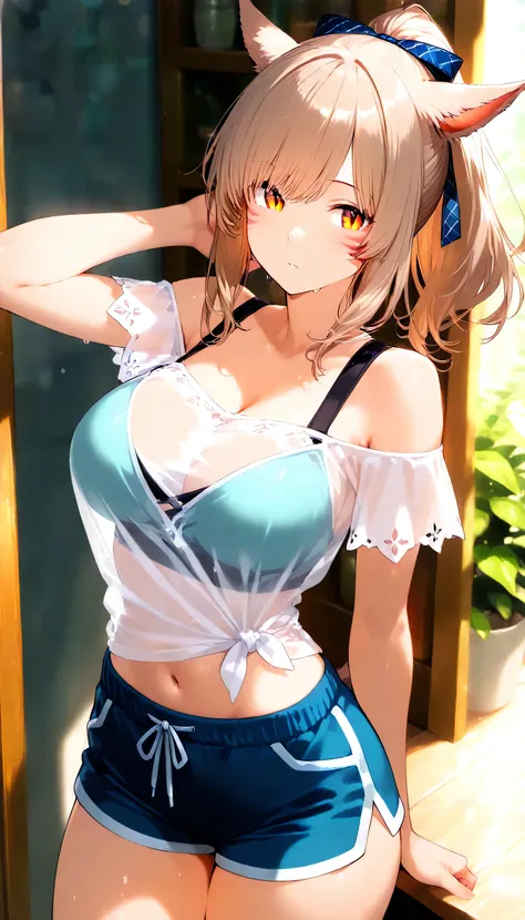 masterpiece,1girl, Light brown hair, orange eye, ponytail, Breasts, Miqo'te costume, SHARK shorts, Clothes are see-through