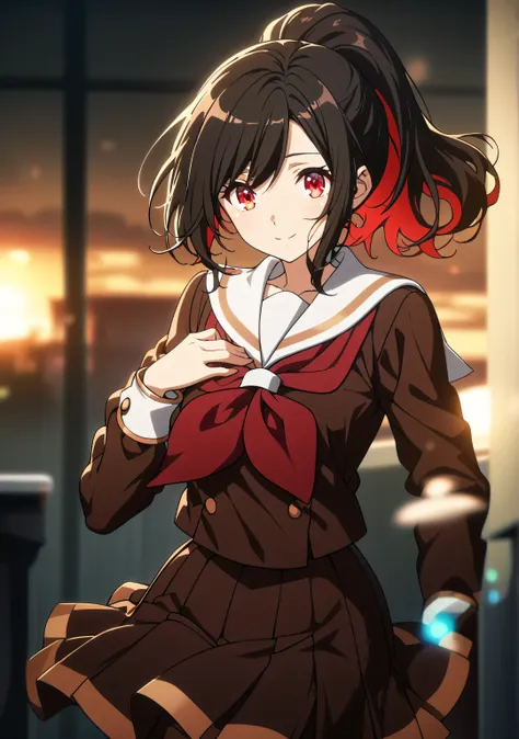 1 Girl, Game CG, 
shallow depth of field, a portrait with a soft Gaussian blurred background, creating a dreamy atmosphere, focus on face, full body,
hand on own chest, looking viewer, Jubilant,

(Black Hair, dark scarlet inner color, high band ponytail, a...