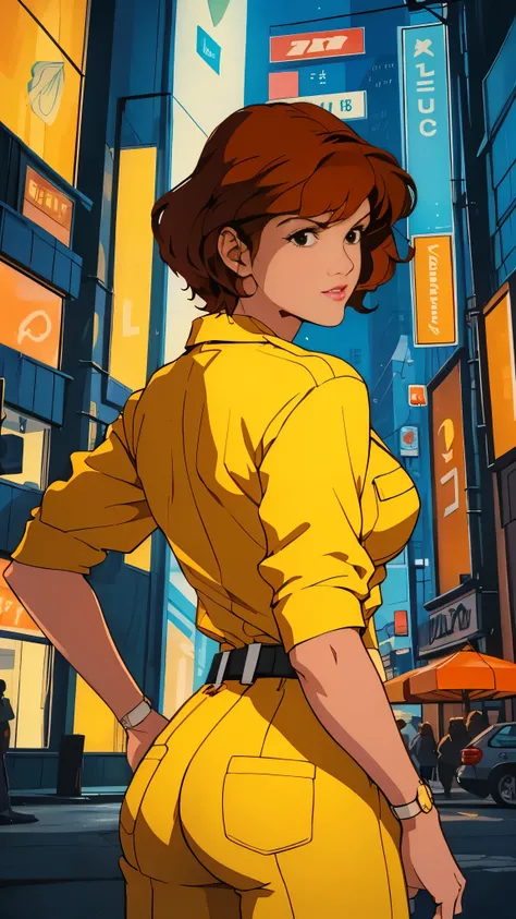 unreal engine:1.4,UHD,The best quality:1.4, photorealistic:1.4, skin texture:1.4, masterpiece:1.8,posing from behind Abril O'Neil waifu, 1980s \(style\), 1 woman, brown hair, Red hair,short hair,orange hair,serious expression, worried expression, Retro art...