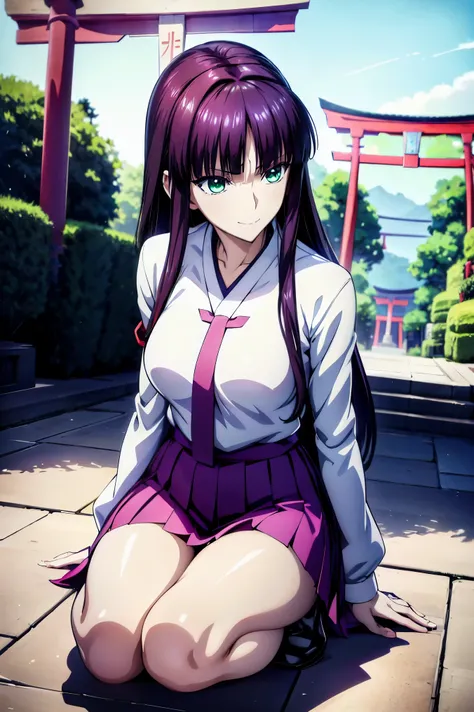 赤  purple hair,  Green Eyes,  eyes like jewels,(( Priest ))),(((shrine))),(((  torii gate  ))),((( Priest 服))),Vermilion also  , Priest 服を着た女の子, Connecting UHD and 8K , 長い赤紫髪と  Green Eyesをした  Anime Girl  ,  Anime Moe Art Style , 若い  Anime Girl  の接写,  smoot...