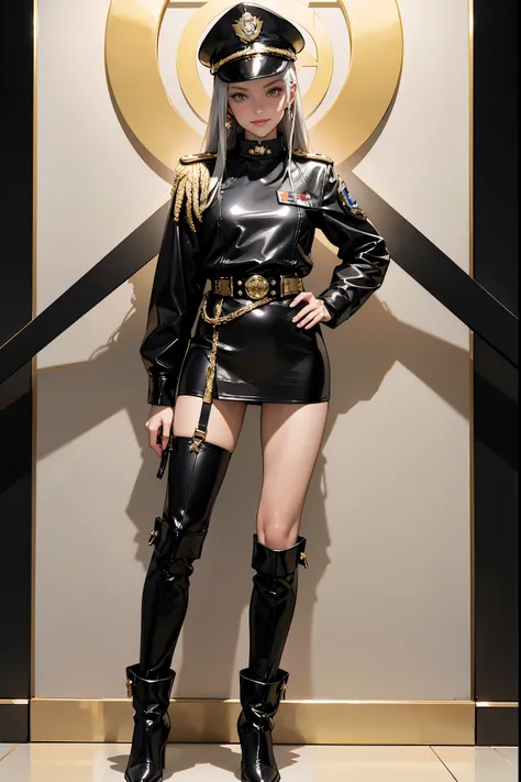  Galactic Empire Space Force Female Officer ,  straight silver hair , small military hat ,  Full Body Black Leather and Gold Mall Military Uniform, black leather tight miniskirt,  black leather knee-high boots ,  Gold Lapel , Gold epaulettes, Gold Armband ...