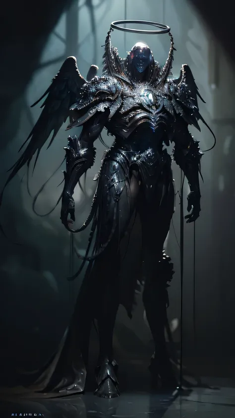 a corrupted male humanoid monster, heavily armored, angel halo ring, extremely detailed anatomy, dark fantasy, cinematic lighting, dramatic pose, chiaroscuro, moody atmosphere, dark colors, dramatic shadows, gritty texture, intricate details, digital paint...