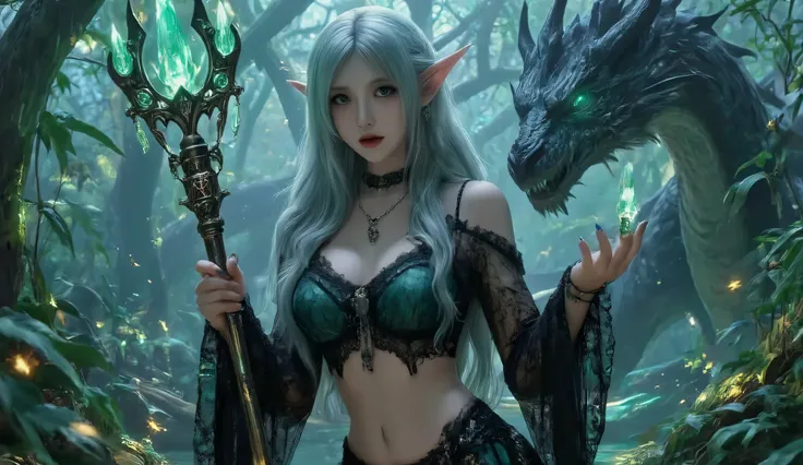 A breathtaking fantasy-style illustration featuring a mesmerizing female dark elf standing confidently in an ethereal, glowing jungle. Her piercing, luminescent green eyes emit an eerie glow, contrasting against her smooth, dusky skin. Her long, wavy, silv...