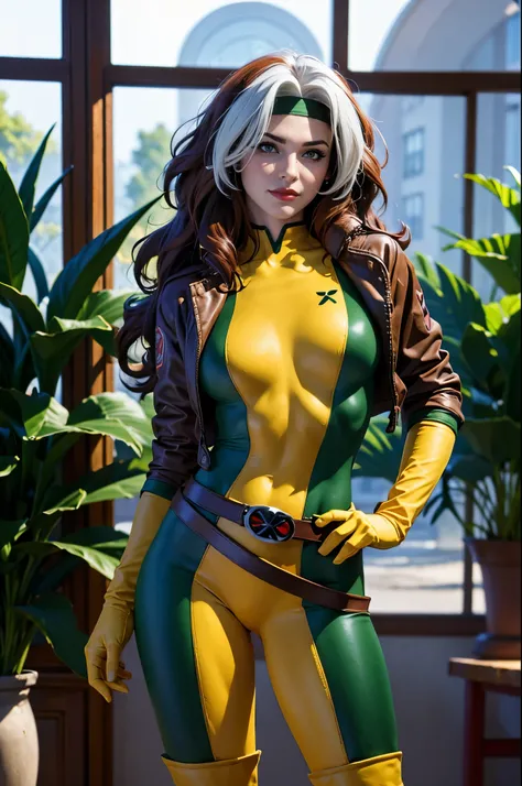 (masterpiece:1.0), (best_quality:1.2), (dark shot:1.3), Rogue from X-Men, 1 girl, Only 1, cowboy shot, candid, medium length hair, auburn hair, wavy hair, messy hair, one lock of white hair, green eyes, headband, jacket, gloves, belt, boots, sexy smirk, me...