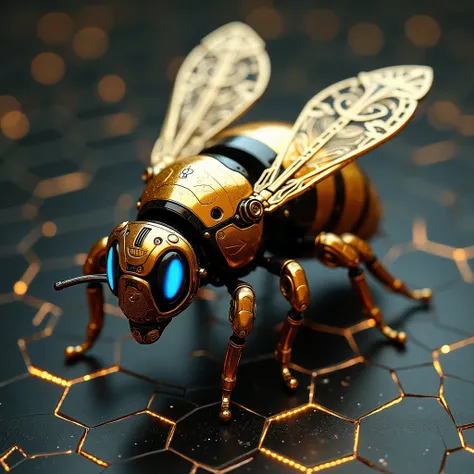 A futuristic golden mechanical bee with intricate, metallic wings resembling filigree. The body is sleek and polished, featuring black and gold segmented armor. Its eyes glow with a deep blue hue, giving it a robotic yet majestic appearance. The background...