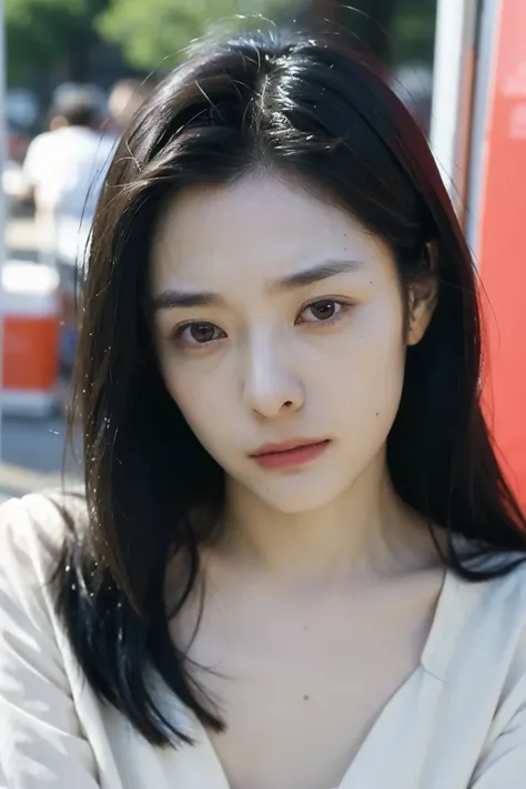 One girl, alone, androgynous, boyish、Droopy eyes、ennui、Fair skin、Sleepy face、Beauty、middle age, Japanese lady, Long Hair, Food, accurate, Anatomically correct,