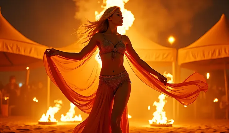 A Front whole view A fierce blonde belly dancer performing an elegant fire dance at a private desert event, surrounded by golden fire pits and Arabic tents, with silk veils flowing in the wind.