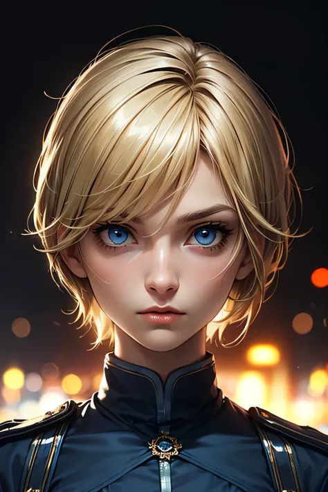  perfect anatomy　 top quality, highest resolution ,(((Blue shiny military uniform　 blonde　short hair　 straight　 dark blue eyes )))　 expressionless 　flat chest　woman　battlefield