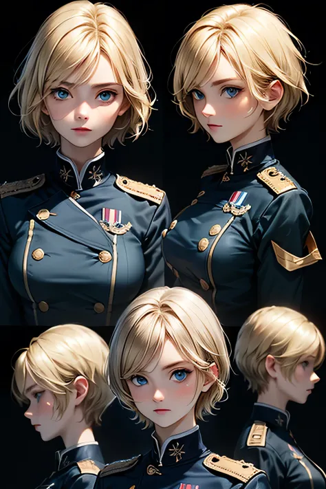  perfect anatomy　 top quality, highest resolution ,(((Blue shiny military uniform　 blonde　short hair　 straight　 dark blue eyes )))　 expressionless 　flat chest　woman　battlefield