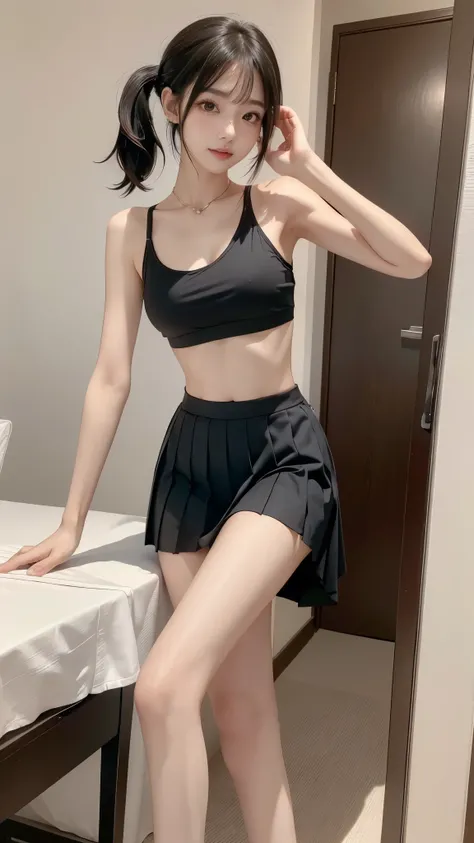  black pleated mini skirt ， Grey Sports Bra ，  girl，Luxurious body with small handle、Beautiful breasts、 Sexy Shots 、 slender body line with visible insoles，garden， dark-haired，poneyTail， top quality、 best image quality、 masterpiece、 reality、 super high hee...