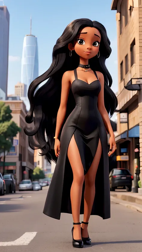 a sophisticated black woman with long straight black hair and wearing a long sexy dress standing on a busy downtown street