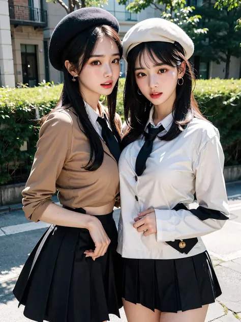 delicate facial features, very detailed eyes and face, realistic face proportions, earring, big breasts, narrow waist, black hair, drooling, saliva, open mouth, sweat, beret, skirt, school uniform, tie, blazer, outdoor, cowboy shot, 2girls, yuri,