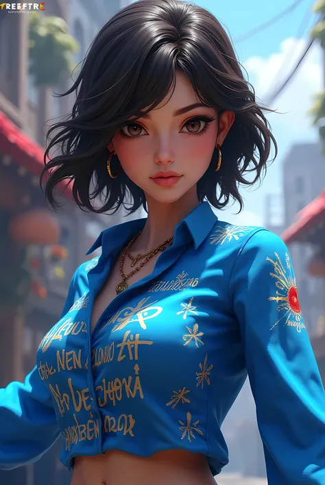 Create a character from Free Fire with a blue blouse with sleeves written in Japanese and with wavy hair and wavy hair and with the blouse written in Japanese Portuguese 