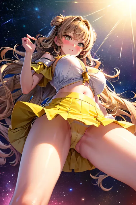 A girl with wavy,long light brown hair,(((yellow Magical Girl Costumes))), Space, Rainbow,,(((photo taken from below))),(((mini skirt))),(panty shot),Upper body only,tits,(((spreading legs))),(((blush)))