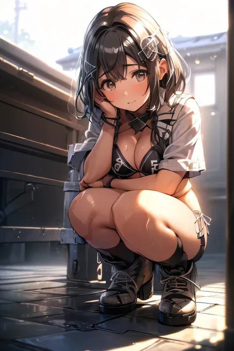 ((( Masterpiece))),((( high resolution)))、(((8k)))、((( perfect face)))、(((Haguro KanColle)))、20 years old、((( beautiful face))), (( bikini)),   plump, fine eyes ,  detailed texture,  camera, Big Breasts, (( high resolutionの顔)), peeing, slut