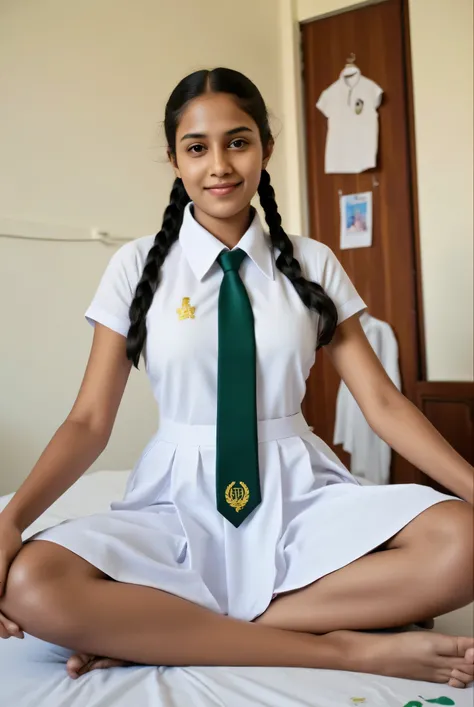 beautiful cute Sri Lankan school girl, in barefoot, Large breast size , 20 years old, wearing a white frock and a dark green tie. She has plaits, black braided long hair, correct anatomy of other body parts,  beaming with happiness as she poses road at sch...