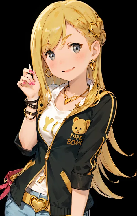 Girl, Black eyes, Red eyeshadow, pink lipstick, long pink nails, gold earings, gold necklace with little gold heart, bracelets, Black jacket with Leopard motif with gold bear face with written “ciao kuma”, sleevless white shirt with gold words, gold belt w...