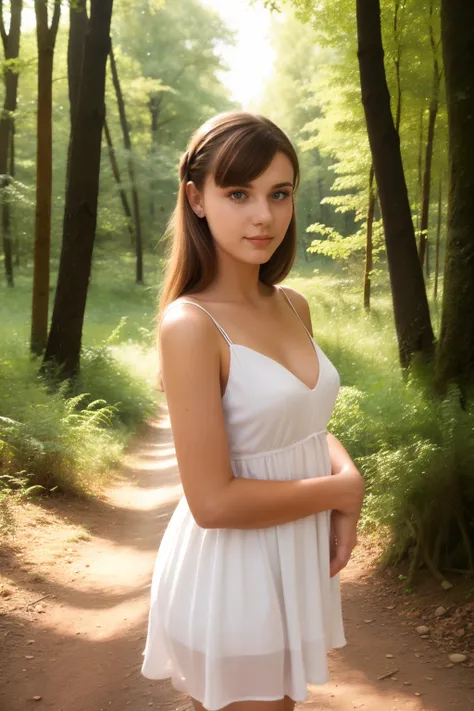 My dead 22 year old Moldovan sister Ana looks at me in the forest while wearing a white dress and a 1960's hairstyle I made her.pov