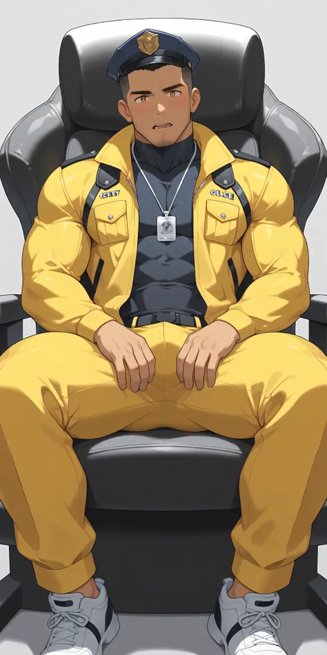 anime characters：Gyee, whole body, Buzz Cut, In a clean and tidy bedroom, Sit on an upscale sofa massage chair, Strong muscular male police officer, tall, There is an upward bulge on the crotch, He grits his teeth, He wears a dark yellow Police suit, Wear ...