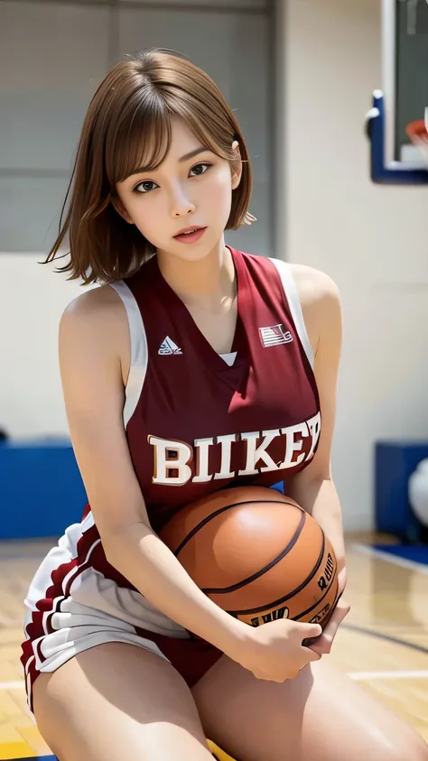   brown hair，   short hair，Sharp Eye，Big Breasts ， There is only one woman in a basketball uniform in the photo，close-up，   Put your hands together above your head and stretch your chest ，side，sweat，steamy