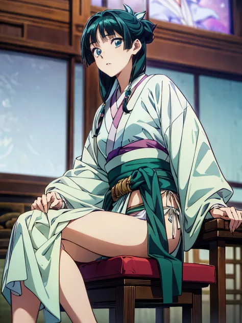 anime - style illustration of a woman in a (white silk loincloth:1.5), (kimono:1.5), anime character, official character art, full body, female anime girl, (small breasts), dark green and teal hair, blunt bangs, in the private room, (sitting posing:1.5), l...