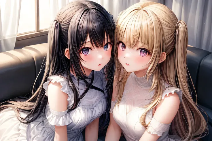 Anime style. 2 anime young girls, sitting on a couch on a living room, the first girl wears white dress and has long black hair, the second girl wears pink dress with white ruffles and has a short blonde hair, they’re talking together//, masterpiece, best ...