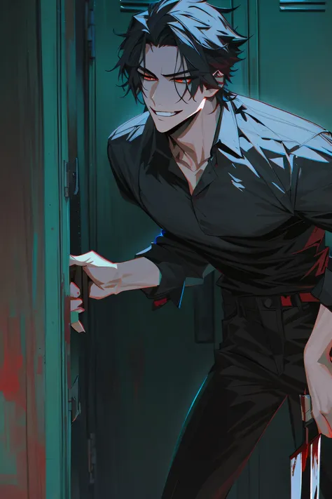 impasto, cool manga style, high quality, extremely detailed, extremely delicate line, amazing color, masterpiece, 1 man, killer, handsome, tall, mascular, black hair, sharp eyes, handsome, beautiful, insanely smirk, facing with the locker, black shirt with...