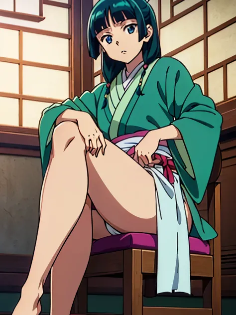 anime - style illustration of a woman in a (white silk loincloth:1.5), (kimono:1.5), anime character, official character art, full body, female anime girl, (small breasts), dark green and teal hair, blunt bangs, in the private room, (sitting posing:1.5), l...