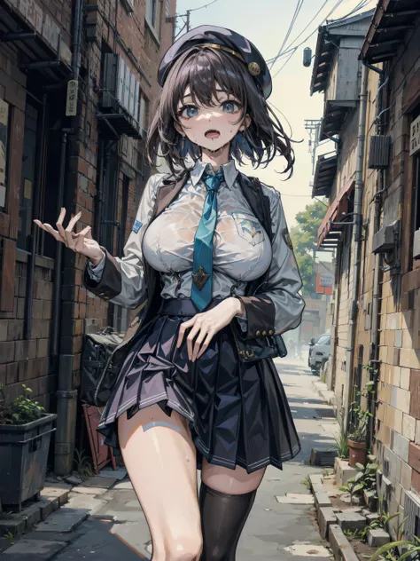 earring, big breasts, narrow waist, black hair, drooling, saliva, open mouth, sweat, beret, skirt, school uniform, tie, blazer, outdoor, cowboy shot, 