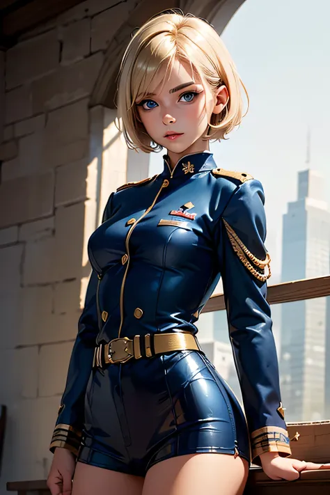  perfect anatomy　 top quality, highest resolution ,(((blue military uniform with metallic luster　Shiny Blonde　short hair　 straight　 dark blue eyes )))　 expressionless 　woman　battlefield　flat chest