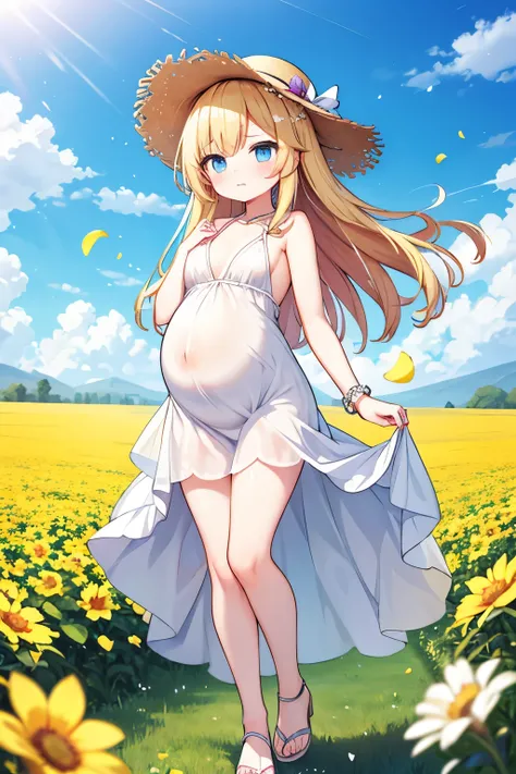  1 girl。20 years old。 full body。Natural Body。 5 fingers on right chest。 blonde。 long hair。stupid hair。 small boobs。Pregnant women。 white dress。 straw hats。Expression of pleasure 。[[[blush]]]。Wedding Rings。Field。Outdoors。Flower。wind。Masterpiece。