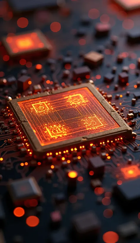A SET OF 4, Warmer-than-sunset microchip, amber light diffusing through diamond-cut silicon layers, security encryption symbols engraved invisibly until UV backlighting reveals crimson patterns. Shallow depth at f/1.4, retro-futuristic brass accents contra...