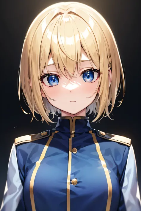  perfect anatomy　 top quality, highest resolution ,(((blue military uniform with metallic luster　Shiny Blonde　short hair　 straight　 dark blue eyes )))　 expressionless 　woman　battlefield　flat chest