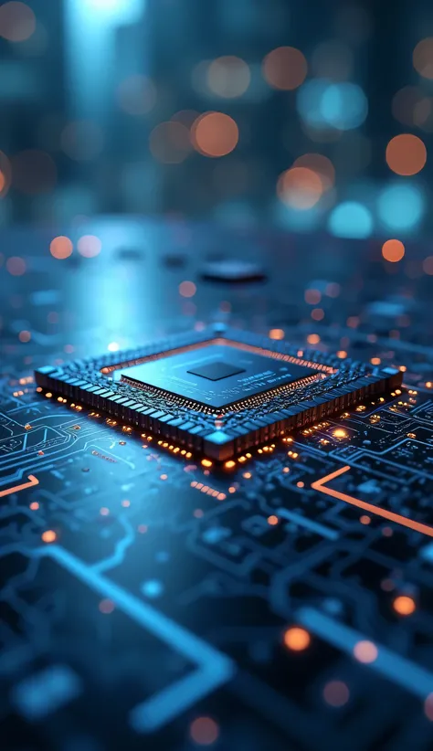 Close-up of a futuristic microchip on a sleek, reflective surface, with blurred digital graphs and glowing lines in the background, symbolizing advanced technology and high-performance chip sales. Shot with f/2.0 aperture for shallow depth of field, emphas...