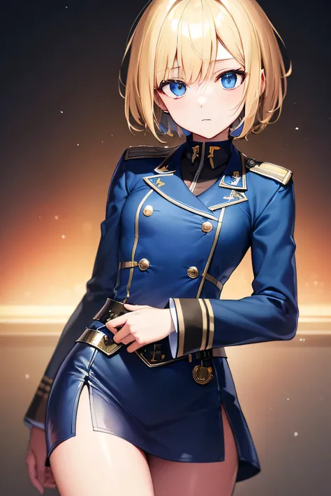  perfect anatomy　 top quality, highest resolution ,(((blue military uniform with metallic luster　Shiny Blonde　short hair　 straight　 dark blue eyes )))　 expressionless 　woman　battlefield　flat chest