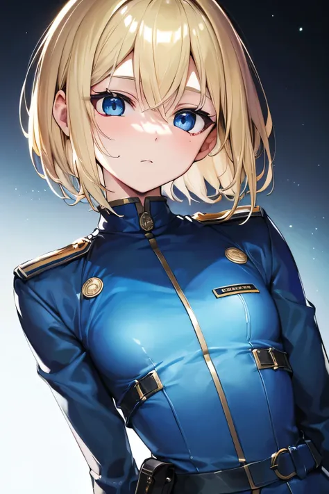  perfect anatomy　 top quality, highest resolution ,(((blue military uniform with metallic luster　Shiny Blonde　short hair　 straight　 dark blue eyes )))　 expressionless 　woman　battlefield　flat chest